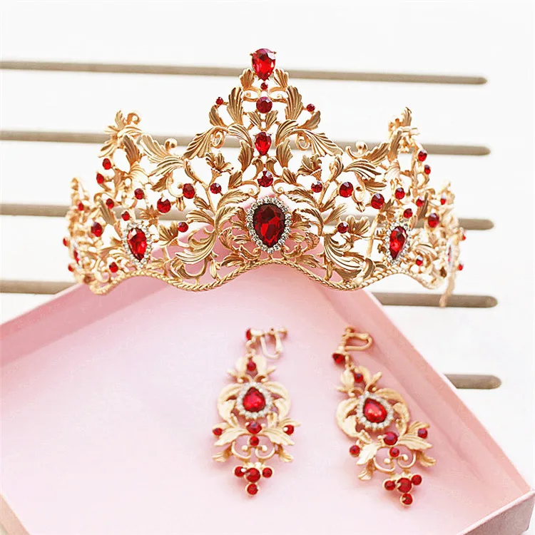 SLBRIDAL Gorgeous Baroque Style Gold Leaf Red Green Crystal Wedding Tiara Crown Earring Set Pageant Bridal Queen Princess | Украшения и