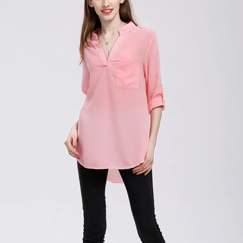 Женская блузка большого размера с v образным вырезом длинным рукавом карманом