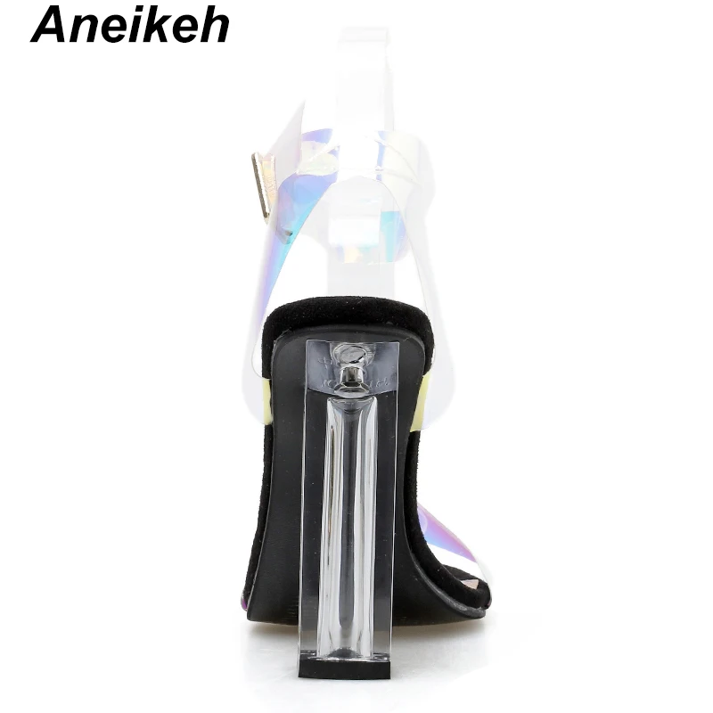 Aneikeh/модные из плексигласа, прозрачный Коренастый сандалии на каблуке красочные ПВХ сандалии на ремнях в стиле пэчворк из свадебной обуви Банкетные туфли-лодочки
