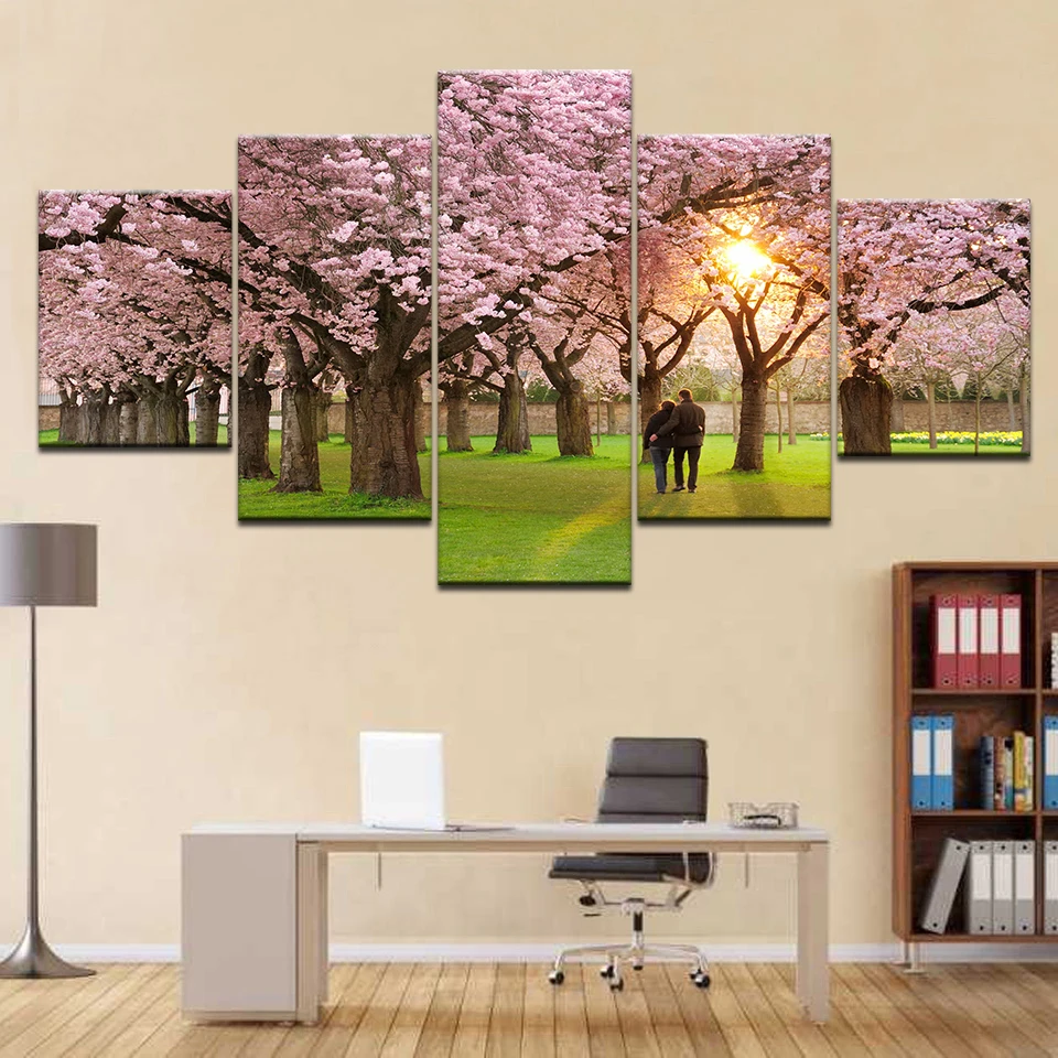 Canvas Pictures Home Decor HD Prints 5 Pieces Cherry Blossoms Paintings Pink Flower Petal Tree Poster Living Room Wall Art Frame | Дом и сад