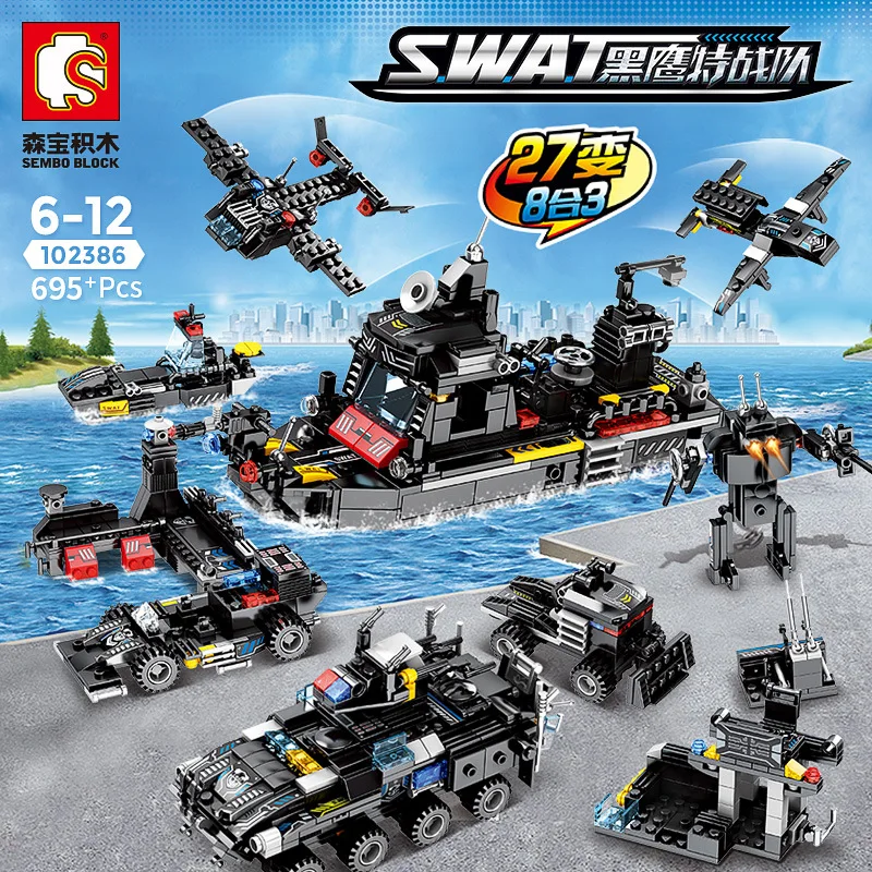 

8pcs/lot SWAT City Police Truck Building Blocks Sets Ship Helicopter Vehicle Creator Bricks Playmobil Toys for Children