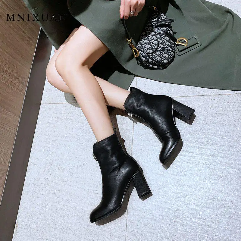 

MNIXUAN Handmade classics winter autumn women ankle boots shoes 2019 new real leather block high heels zipper short boot size 10
