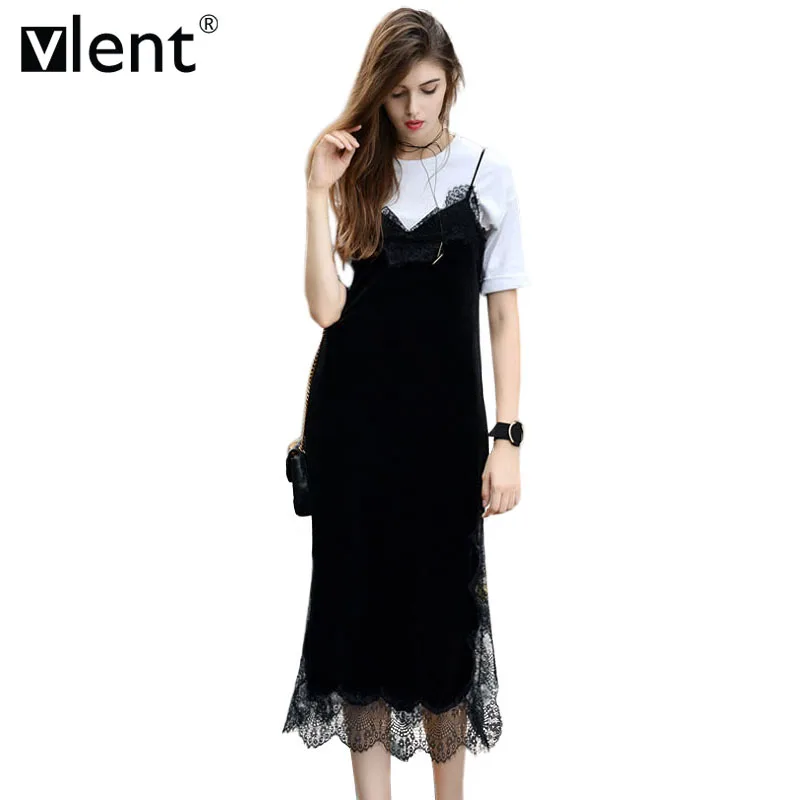 Vlent Sexy Lace Soft Velvet Slip Dress Cami 2017 Deep V Neck Side Split Party Dresses Vintage Women Black Sleeveless Long | Женская