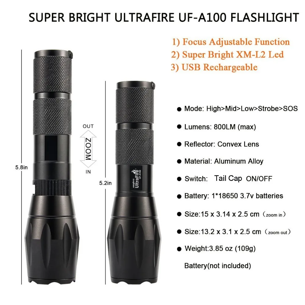 Светодиодный фонарь UltraFire новая зарядка через USB 1800 люмен Фокус CREE XM L L2 5 режимов