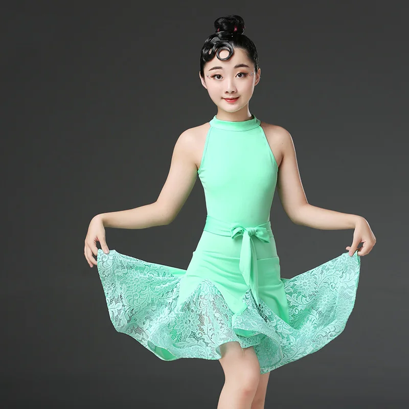 2019 New Children'S Latin Dance Dress For Girls Sexy Lace Black Green Sleeveless Ballroom Performance Dancing Dresses DL3604 |