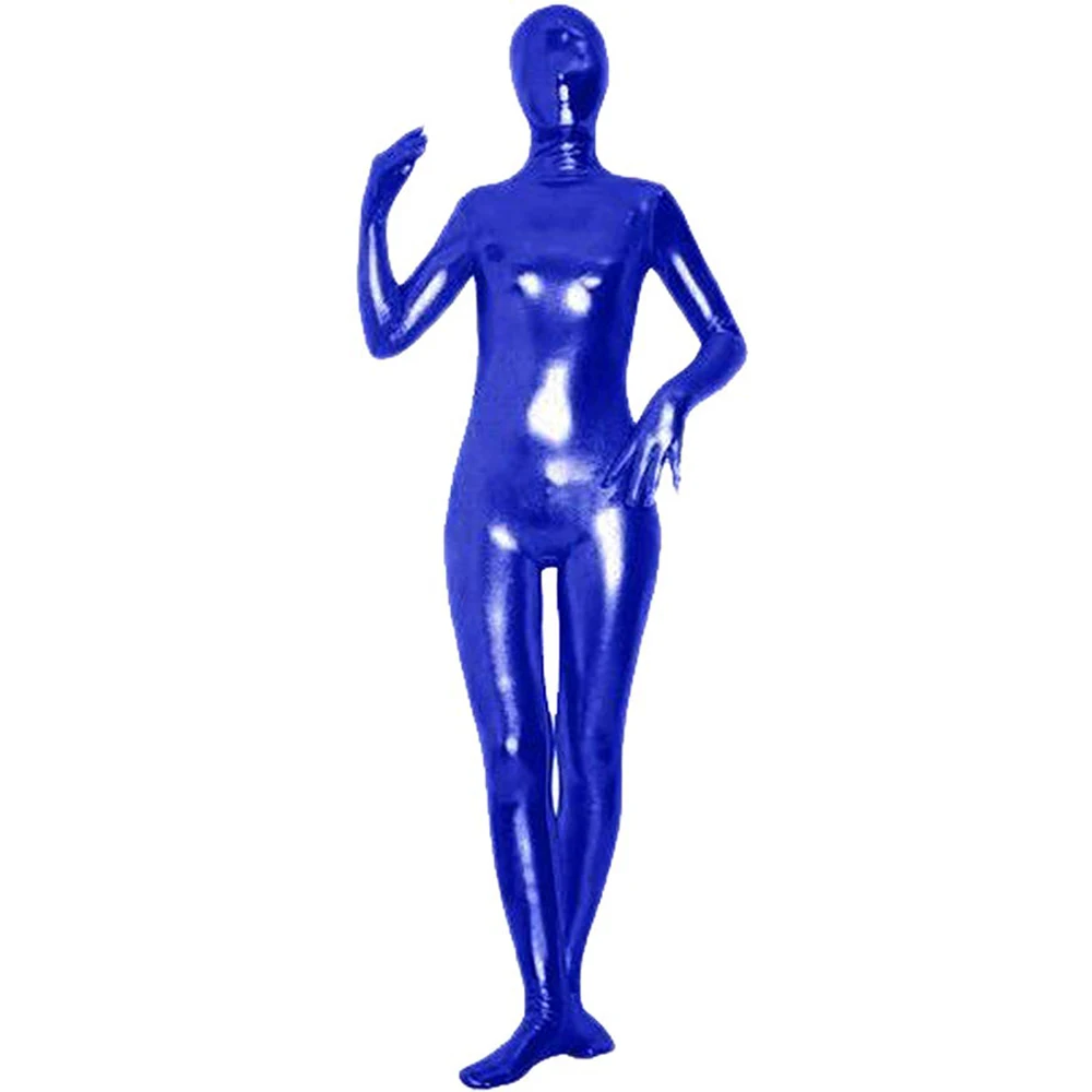 AOYLISEY взрослых полный тело черный Zentai Блестящий металлический комбинезон лайкра
