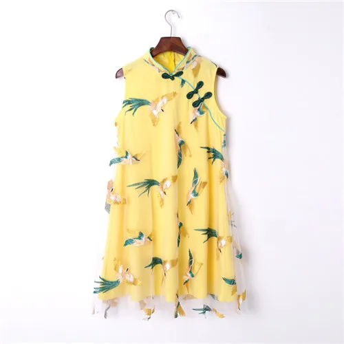 3306 yellow Цветочная вышивка, современное платье Ципао, стильное, с кисточками, сетка, без рукавов, короткое платье, винтажное, с принтом, женское платье-Ципао, платье размера плюс - Цвет: 3306 yellow