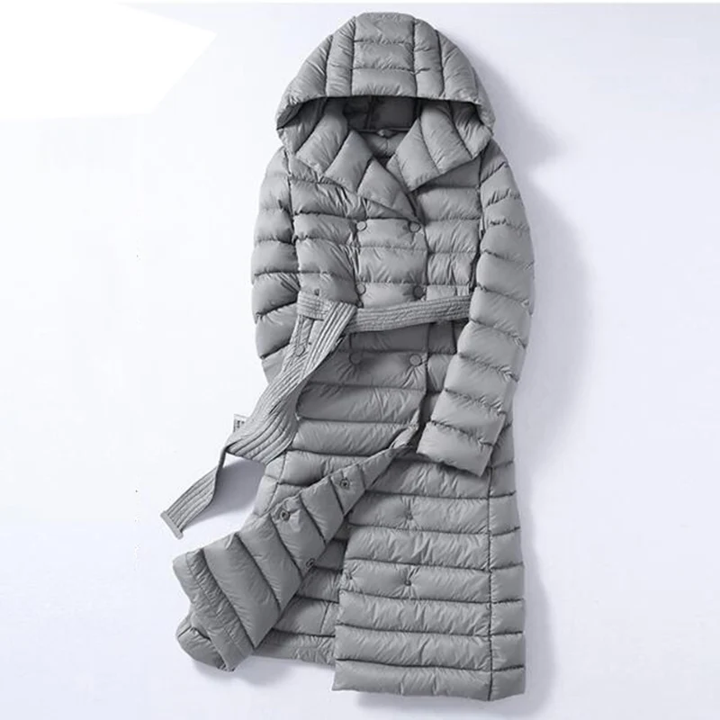 Женская куртка на белом утином пуху осенне зимняя длинная пуховая парка с поясом