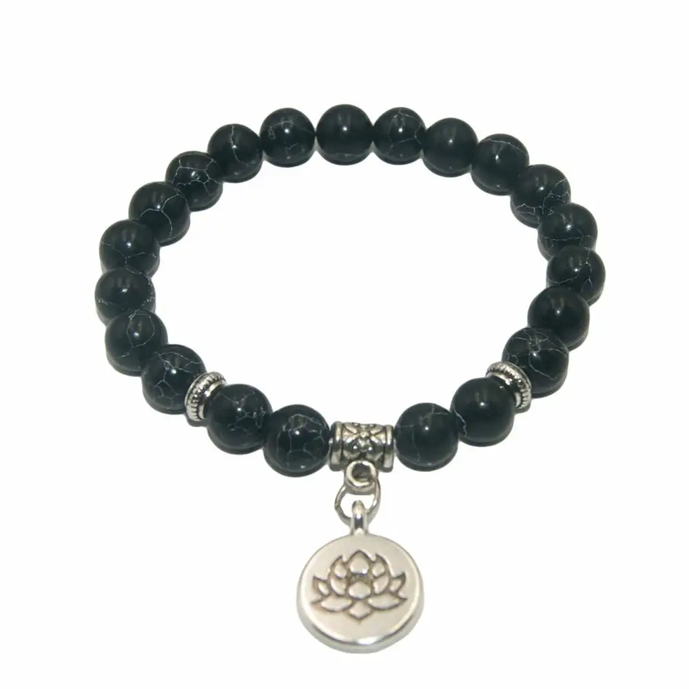 Black Turquoise Бусы из натурального камня лотоса Будды аметисты Агаты лазурит тигровый глаз бирюза браслет для женщин мужчин Йога браслет Femme - Окраска металла: Black Turquoise