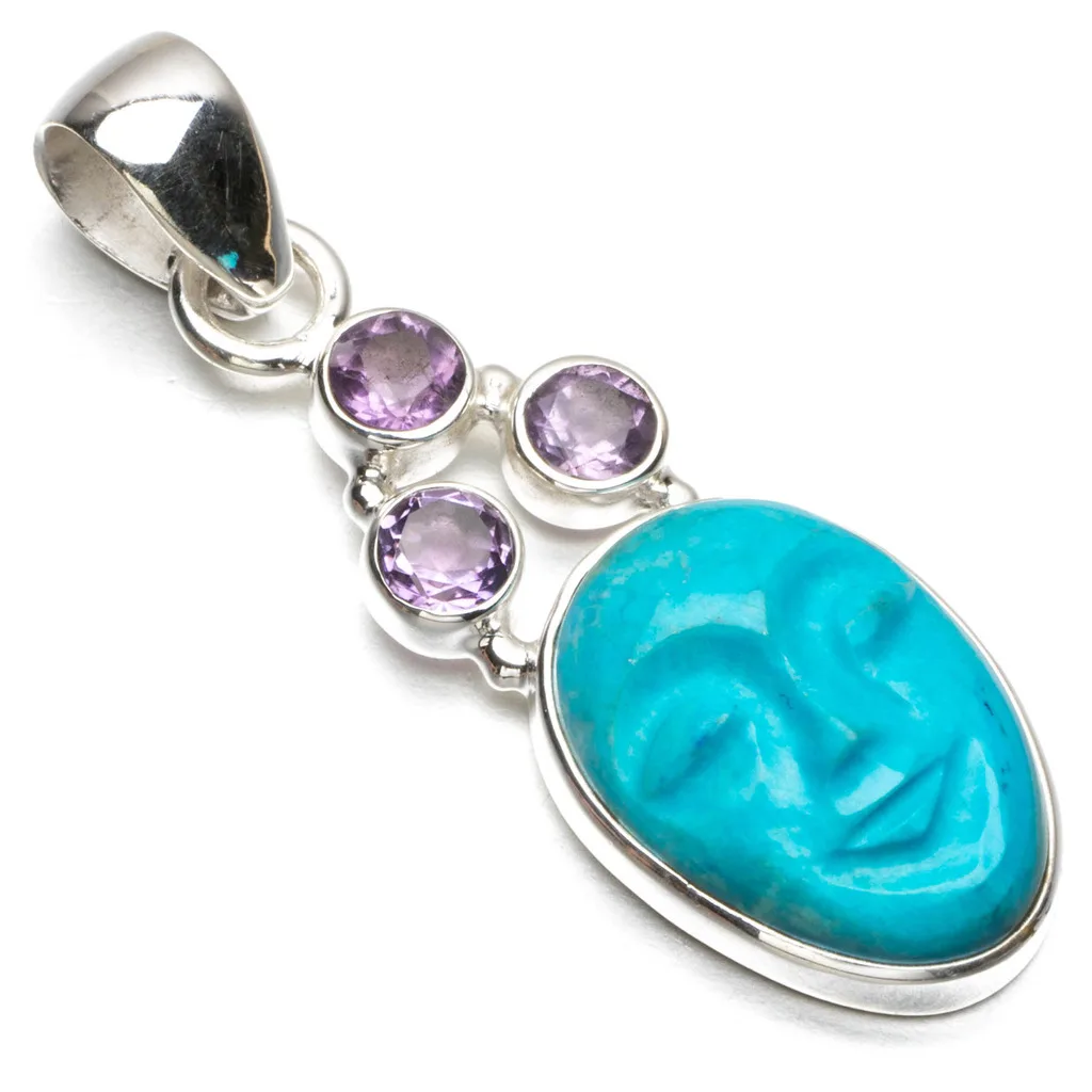 Natural Carved Face Turquoise and Amethyst 925 Sterling Silver Pendant 1 1/2&quot R0172 | Украшения и аксессуары