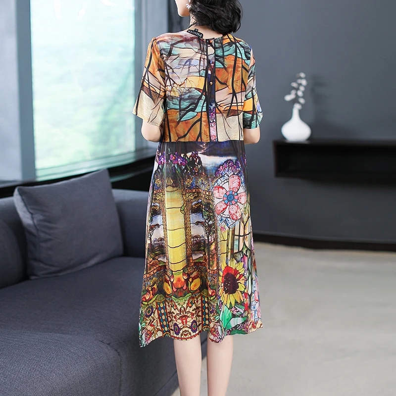 

Summer Dress New 2019 Women Vintage Floral Print Silk Dress Women Short Sleeve A-line Midi Loose Dresses Vestidos Feminina
