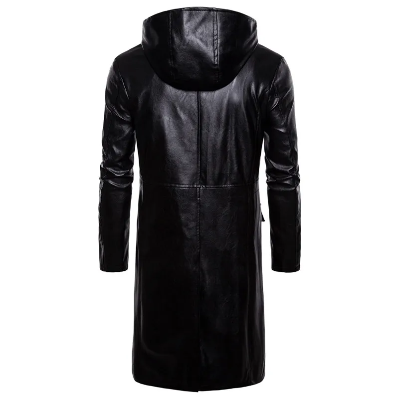 

Fashion Men Long Motorcycle Leather Hooded Jacket Black PU Leather Slim Jacket Coats For Male Autumn Winter