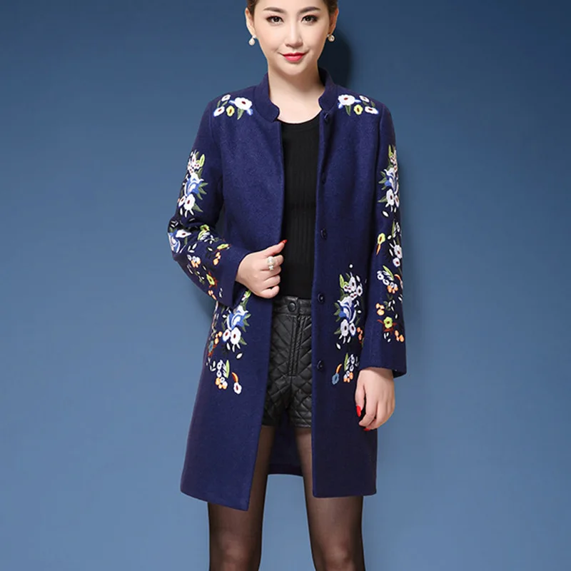 Женское длинное пальто с вышивкой в китайском стиле | Женская одежда