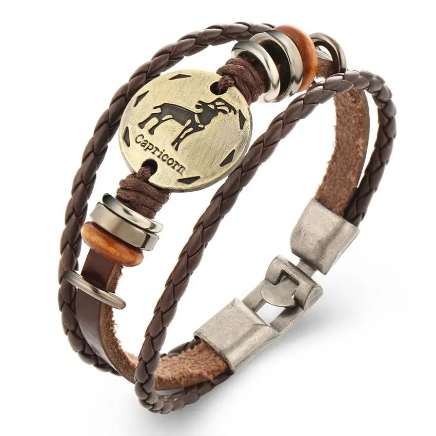 

Vintage 12 Constellations Bracelet for women Fashion Jewelry Leather Bracelet Men Zodiac Signs Punk Bracelet charm lovers