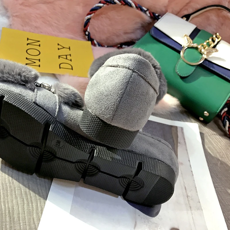 Туфли женские из натурального кроличьего меха удобные лоферы на толстой подошве