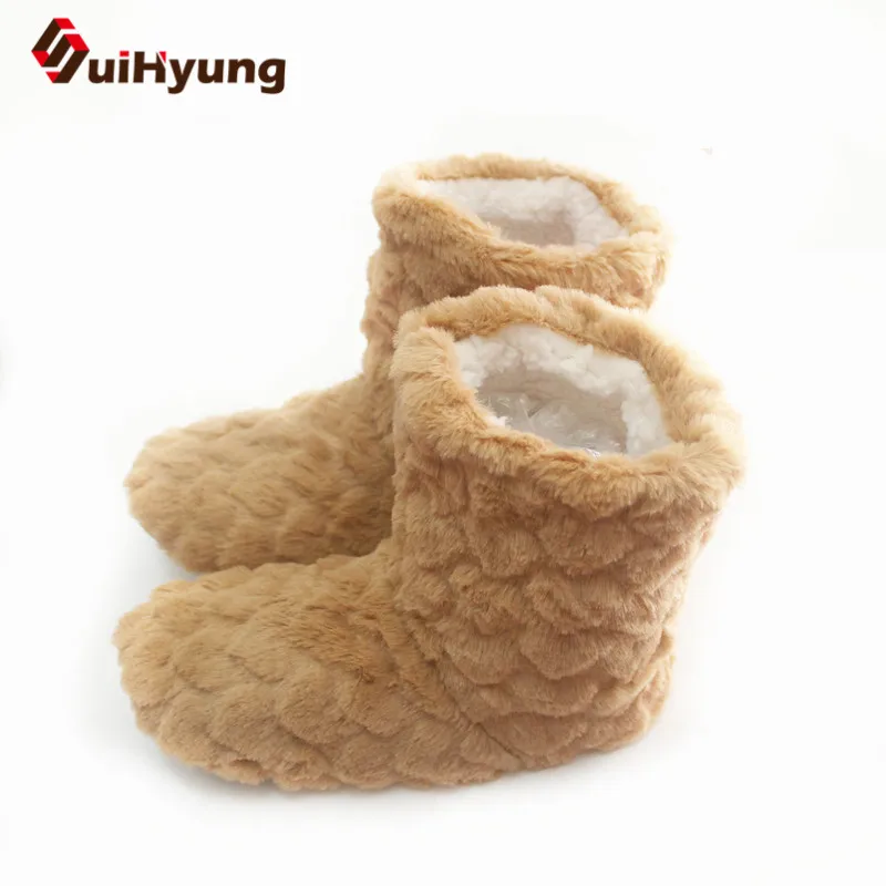 Suihyung Autumn Winter Women Indoor Floor Shoes Short Boots Flock Solid Color Female Bedroom Flat Boots Winter Warm Plush Shoes - Цвет: Khaki