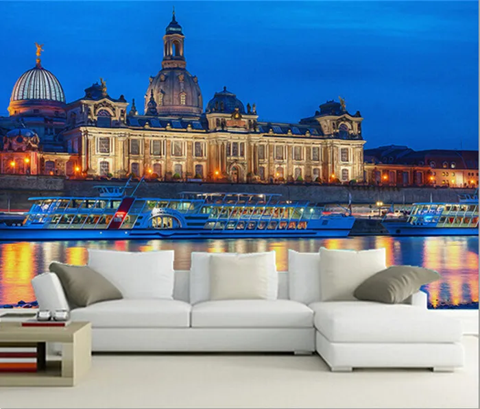 

The latest 3D murals,3D European harbour city night, living room TV sofa bedroom background wall paper