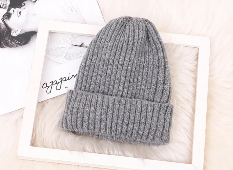 Модная шерстяная шапка Skullies Beanie для женщин и девочек, однотонная теплая шерстяная трикотажная шапка, ветрозащитная женская зимняя шапка