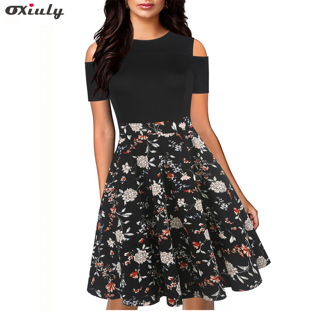 

Oxiuly Vintage Hollow Out Spaghetti Strap Floral Print Patchwork Work Dress A-Line Female Fit And Flare Knee Length Causal Dress