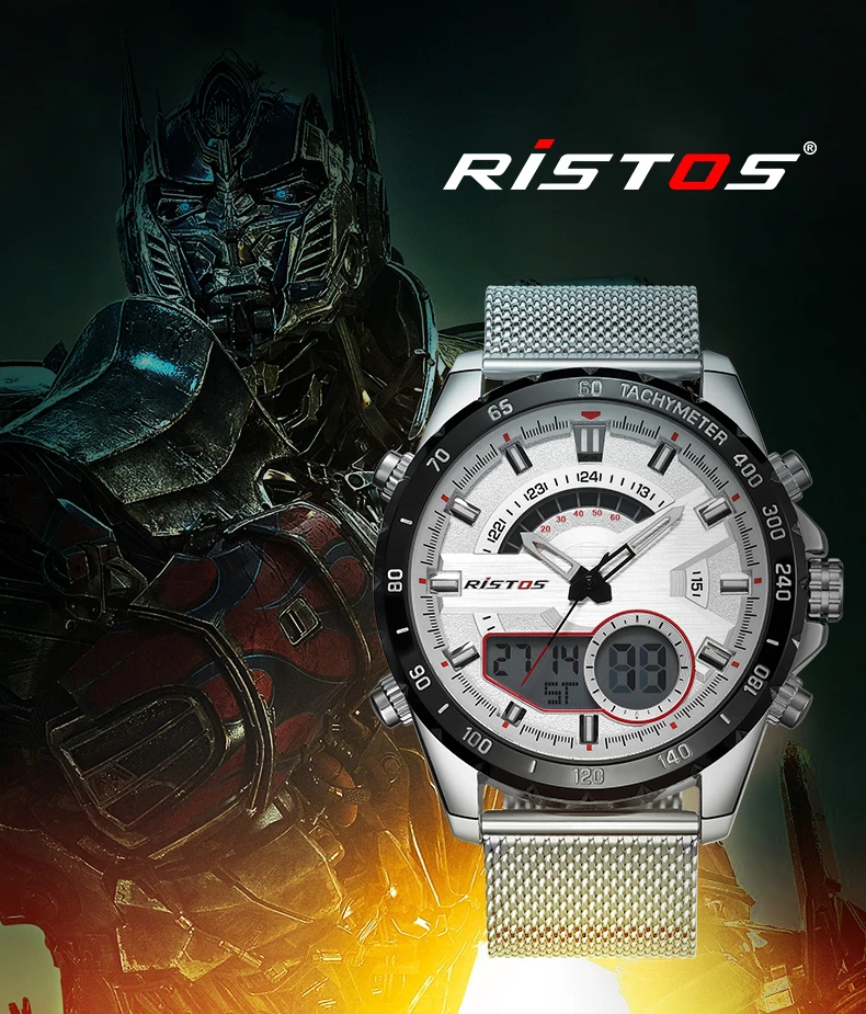 RISTOS модные часы Relojes Masculino Hombre, многофункциональные мужские спортивные часы со стальным плетением, цифровые наручные часы с хронографом для мужчин 9361