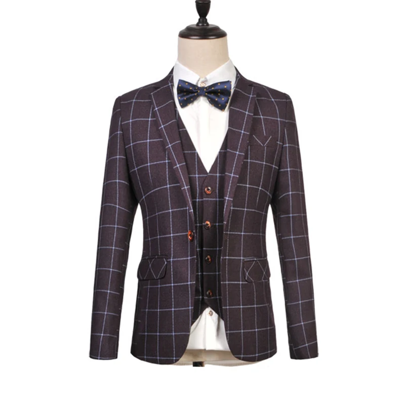 

Fashion Business Mans Suit Plaid One Single Button Weeding Groom Suits Slim Fit Homme Tuxedo Plus Size (Jacket+Pant+Vest)