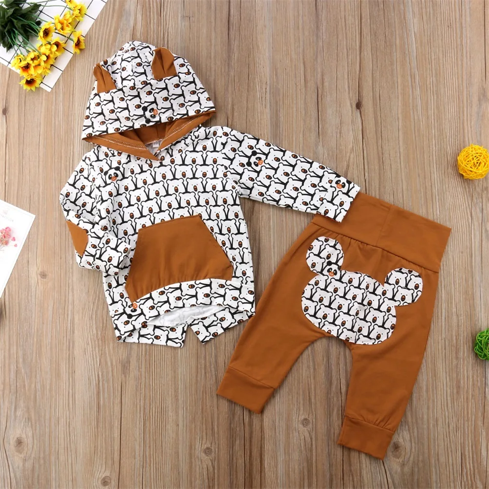 Autumn Winter Newborn Baby Boy Girl Unisex Animal Bears Print Long Sleeve Hoodie Tops Long Pants 2PCS Outfit Cute Set 0-24M