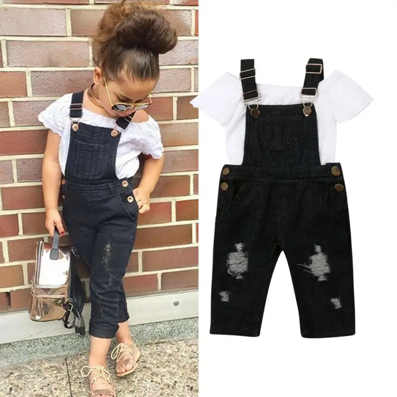 New Toddler Kid Baby Girls Lace Tops Bib Pants Jeans 2PCS Outfits Summer Clothes | Мать и ребенок