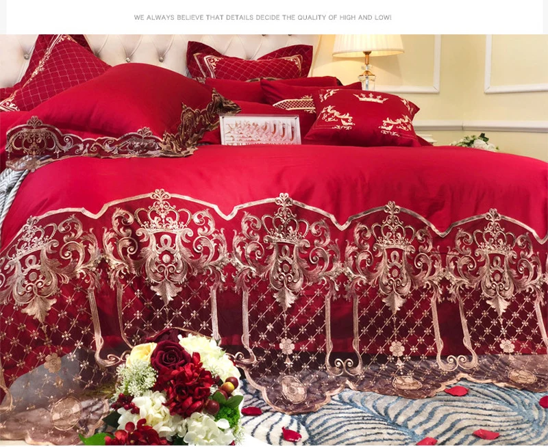 Luxury Lace 100S Egyptian cotton Red Wedding Bedding sets Queen King size Royal Duvet cover Bed sheet set Pillowcase 4/6pcs | Дом и сад