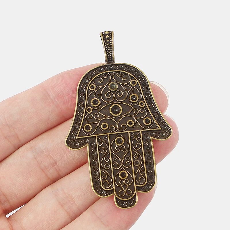 

2PCS Antique Bronze Large Fatima Palm Hamsa Hand Carved Eye Charms Pendants for Necklace Making Jewelry Findings