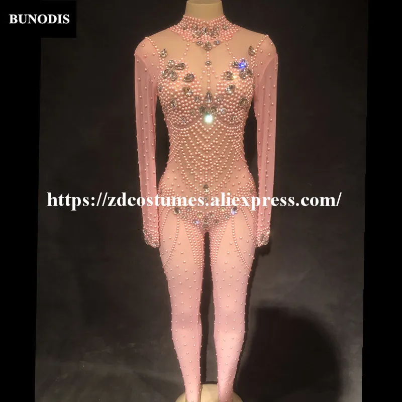 ZD242 Women Sexy Pink Color Net Yarn Jumpsuit Glass Sparkling Crystals Pearls Bodysuit Nightclub Party Stage Wear Performance