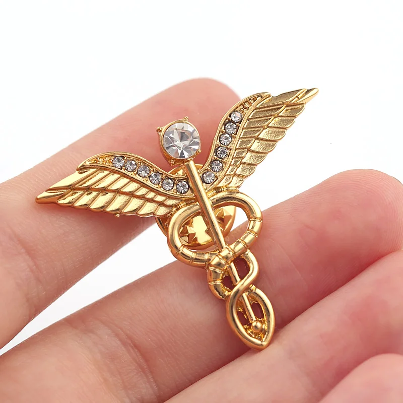 Брошь значок Caduceus золотого цвета с кристаллами брошь для медсестры студентов