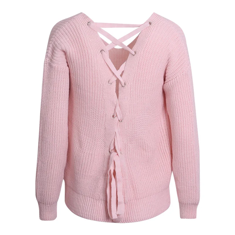 SharVell Women V-Neck Spring Sweater Fashion Backless Criss-Cross Lace Up Streetwear Pullovers Loose Solid Pink Sweaters | Женская