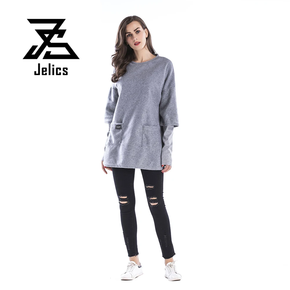 

Jelics solid gray loose casual women long sweatshirt fake two pieces patchwork long sleeve ladies street way fashion pullovers