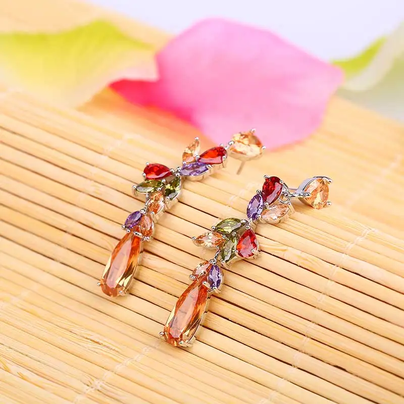 FYM Роскошные Красочный Кристалл Длинные Серьги Падения Многоцветный Листья