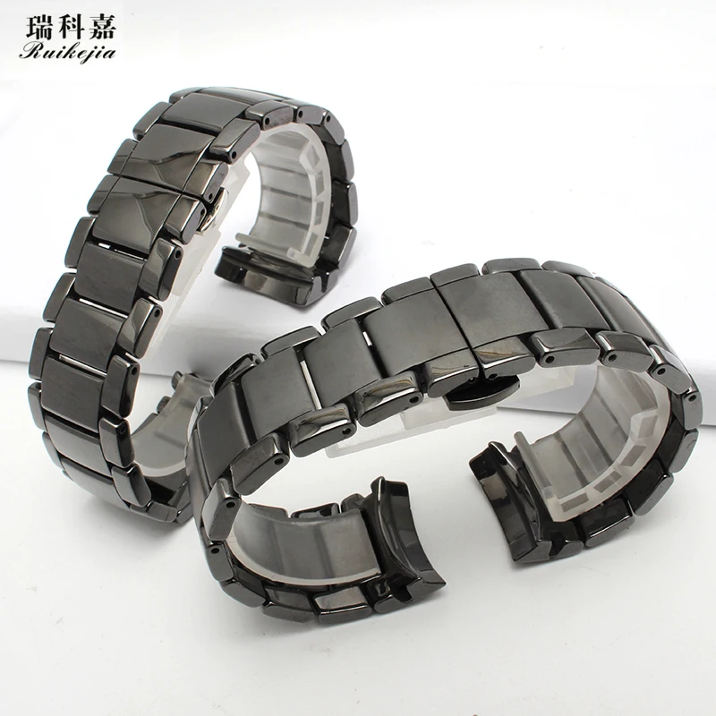 Black Shine Ceramic Strap for AR1451 Ceramic Watch with Men's 24MM Scrub Wristband Butterfly Buckle Waterproof Sports Watch Chai