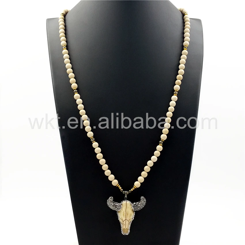 WT-N859 New 8mm Round Cream Fossil Beads Necklace With Natural Buffalo Horn Cattle Head Charm Pendant in 32 inch | Украшения и