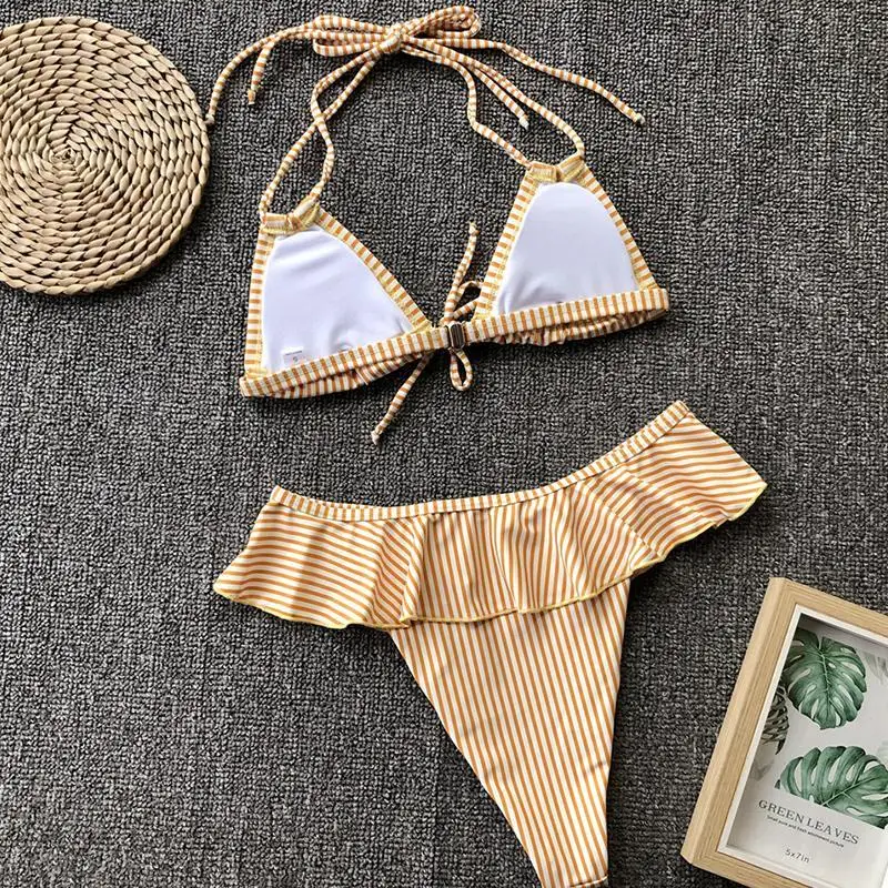 Купальник с оборками купальный костюм женский купальник-стринги полосатые