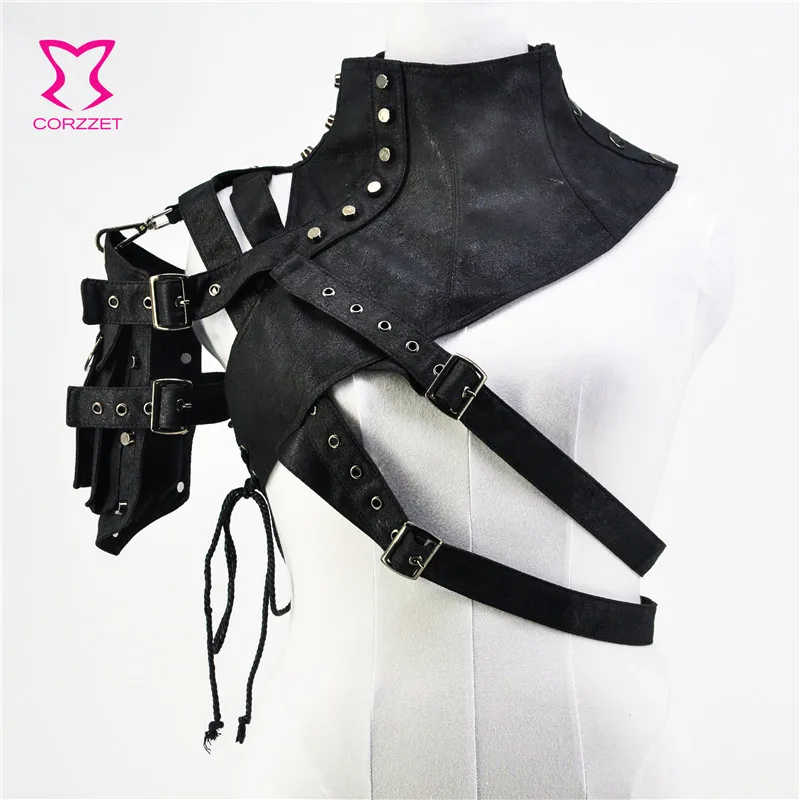 Victorian Punk Gothic Bolero Women Steampunk Black Leather Rivet Arm Armor Jacket Stand Collar Jackets Gothic Corset Accessories