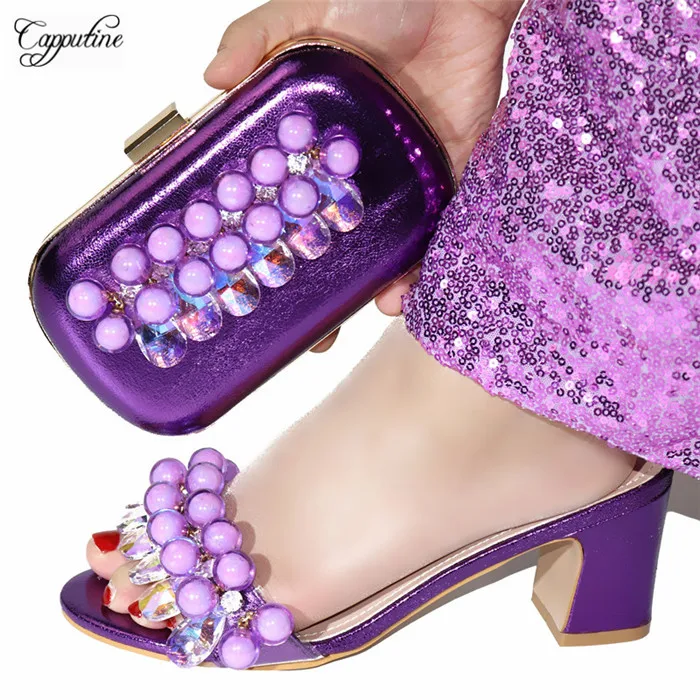 

High class wedding/party slip-on shoes and purse handbag sets nice matching for lady dress 56896-2 in purple, heel height 7.5cm