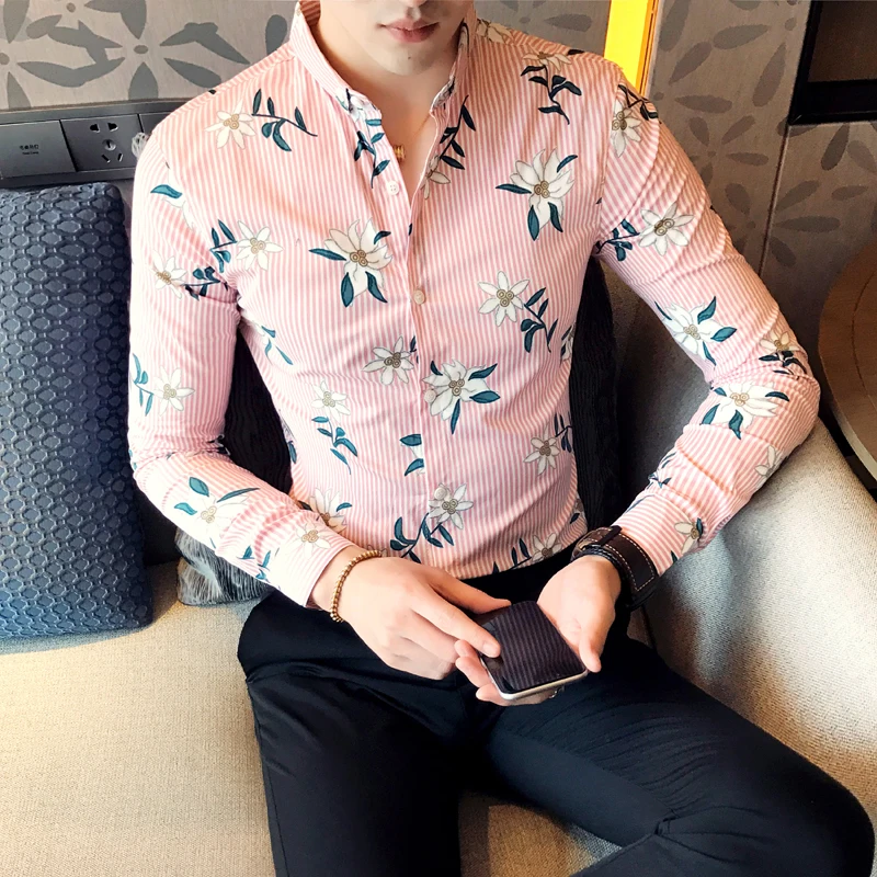 Осень 2017 г. мужчин розовый/Блюз полосой цветы Рубашки корейский стиль социальных