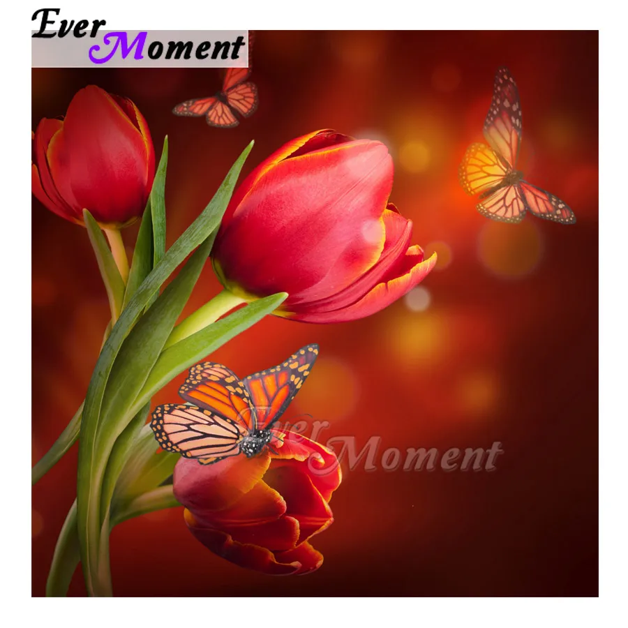 

Ever Moment Diamond Painting Red Flower Butterfly Handmade Full Square Round 5D DIY Picture Of Rhinestone Embroidery ASF1575