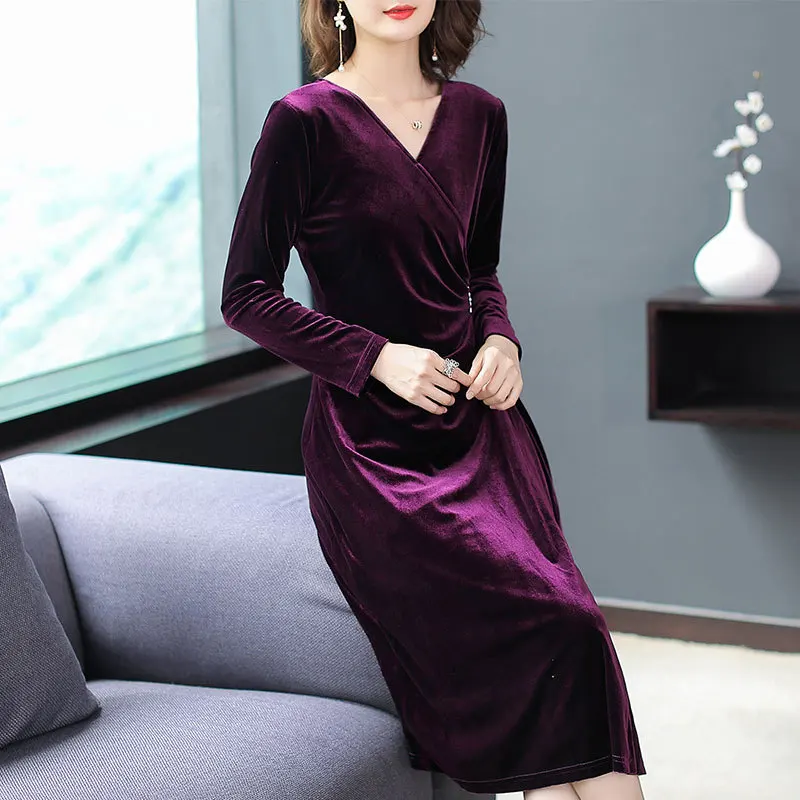 

High-grade temperament elegant waist slim gold velvet long-sleeved dress spring Autumn slim women's V-neck dress AL181215