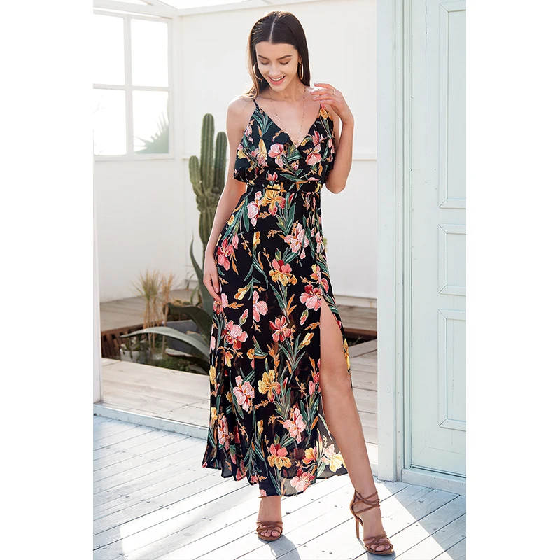 Женское платье с V образным вырезом оборками и цветочным принтом|Женские платья| |