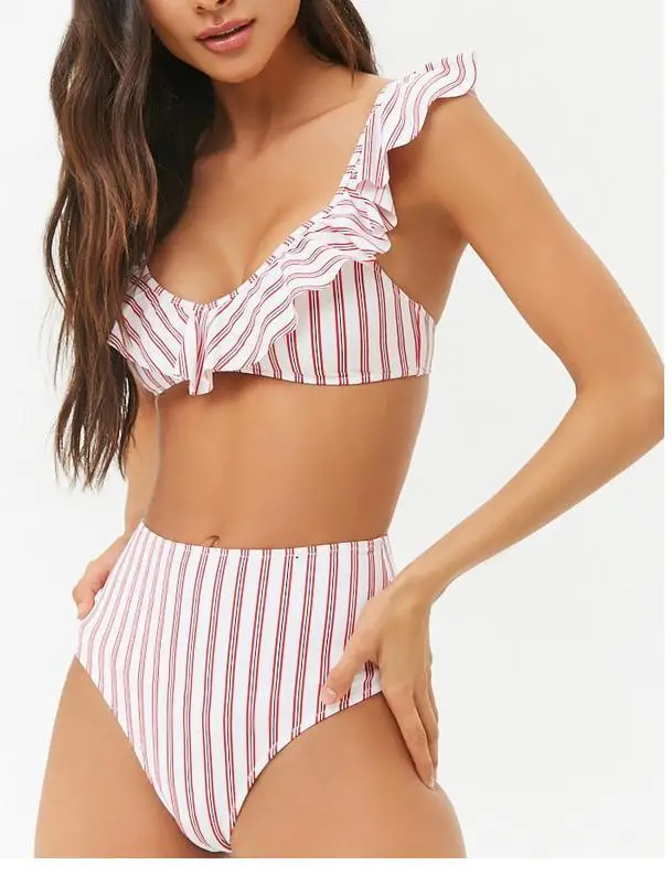 Бикини с оборками на плече пуш-ап высокой талией купальник женский Falbala в полоску