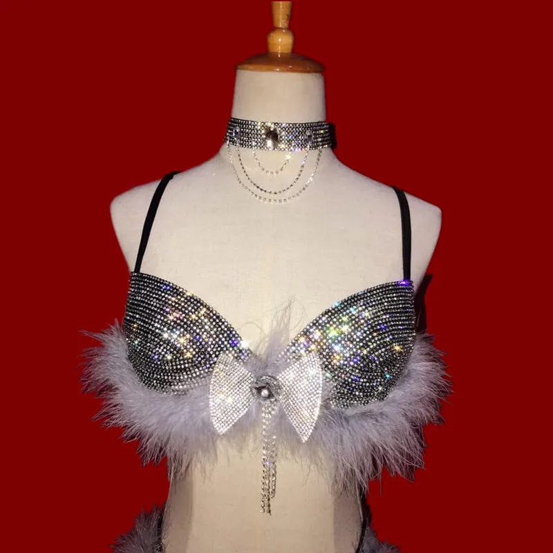 Кристиа Белла Сексуальные Серебряные стразы перо бикини набор женщин костюмы