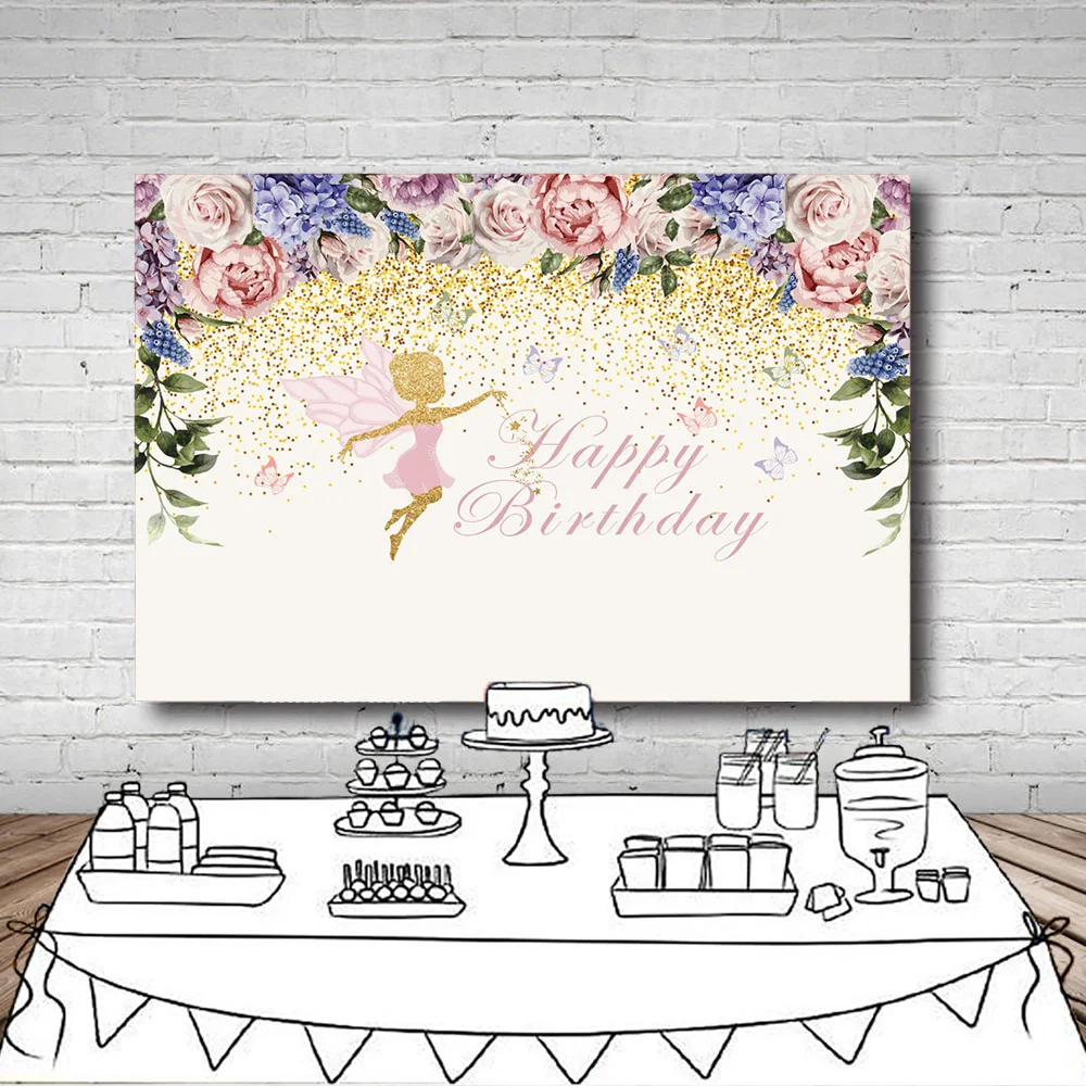 Pink Purple Flowers Photography Backdrop Custom Text Fairy Butterfly Girls Birthday Party Dessert table Background Photo Studio|Фон для