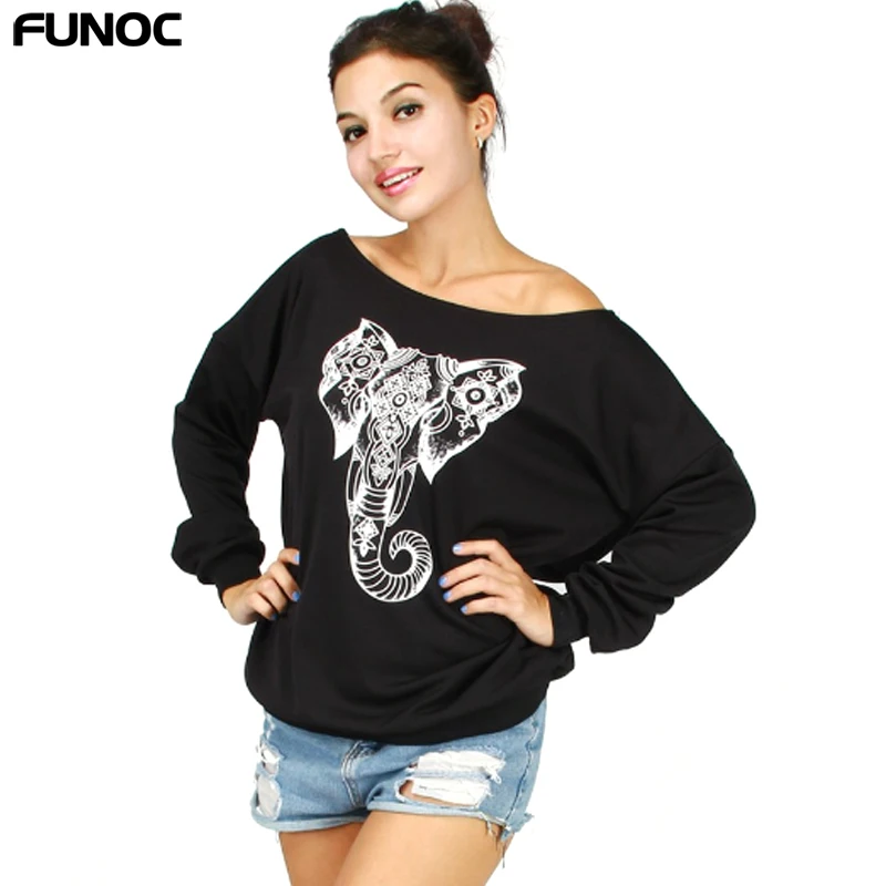 Funoc одежда One с открытыми плечами толстовки Женщины Толстовка Femme принтом слона