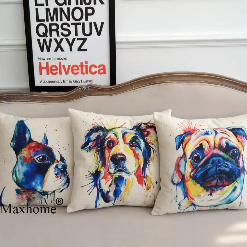 

Cotton Linen Cartoon Pillowcase Lovely Animal Sofa Throw Pillow Abstract Oil Painting Pet Dogs French Bulldog Gift 18 Inches