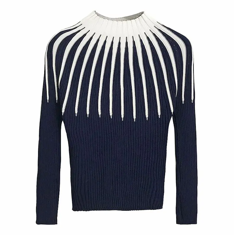 dark blue Женская трикотажная водолазка с длинным рукавом, Лоскутные Полосатые свитера, пуловеры, женские вязаные Полосатые свитера, топы для девочек - Цвет: dark blue
