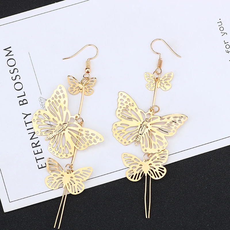 Модные серьги для Для женщин полая Бабочка кисточкой Boho цвета: золотистый, серебристый длинные серьги Сладкий романтические Драгоценности Свадебные Подарочный